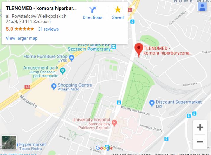 Mapa z pinezką oznaczającą lokalizację Tlenomed - komora hiperbaryczna w Szczecinie, z widocznymi pobliskimi punktami orientacyjnymi.