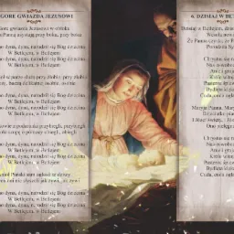 Karta kolędnicza z ilustracją narodzin Jezusa, zawierająca teksty kolęd 'Gore gwiazda Jezusowi' i 'Dzisiaj w Betlejem'.