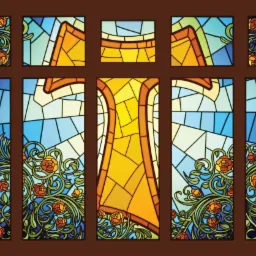 Witraż przedstawiający krzyż w odcieniach żółci i pomarańczy, otoczony stylizowanymi różami i liśćmi na tle błękitu, osadzony w brązowej ramie okiennej.