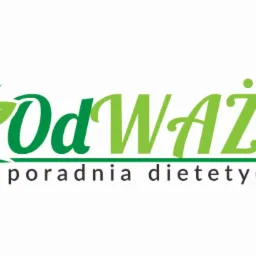 Logo poradni dietetycznej 'OdWaż się' z zielonym symbolem osoby z rozłożonymi rękami i liśćmi.