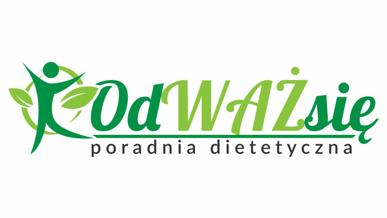 Logo poradni dietetycznej 'OdWaż się' z zielonym symbolem osoby z rozłożonymi rękami i liśćmi.