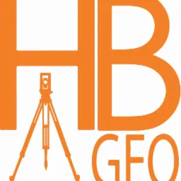 Pomarańczowe logo firmy z inicjałami 'HB' i dopiskiem 'GEO', z sylwetką teodolitu wkomponowaną w litery.