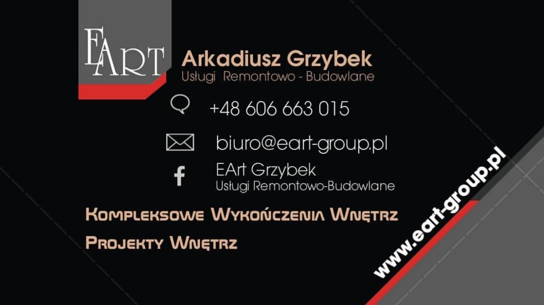 Wizytówka firmy EArt Grzybek oferującej usługi remontowo-budowlane, kompleksowe wykończenia wnętrz i projekty wnętrz, z numerem telefonu, adresem e-mail i adresem strony internetowej na czarnym tle.