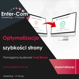 Dwa ekrany komputerów wyświetlające wyniki PageSpeed Insights: jeden z wynikiem 17, drugi z wynikiem 95, połączone czerwoną strzałką, ilustrujące optymalizację szybkości strony, z logo Enter-Com...