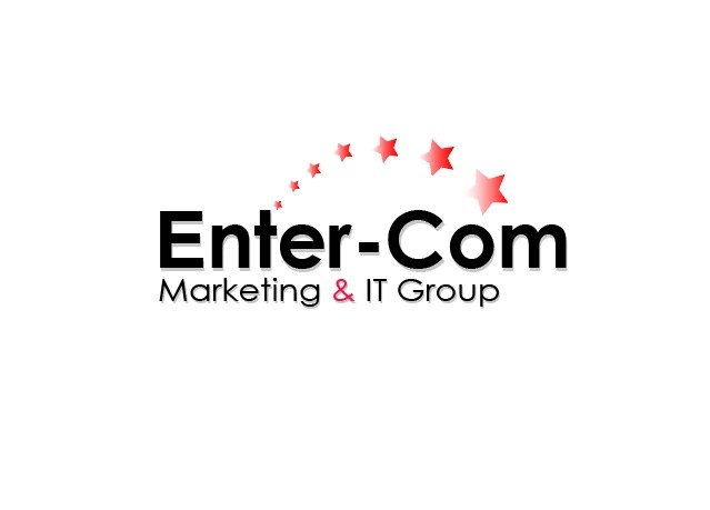 Logo firmy Enter-Com Marketing & IT Group z czarnym napisem i łukiem czerwonych gwiazd.