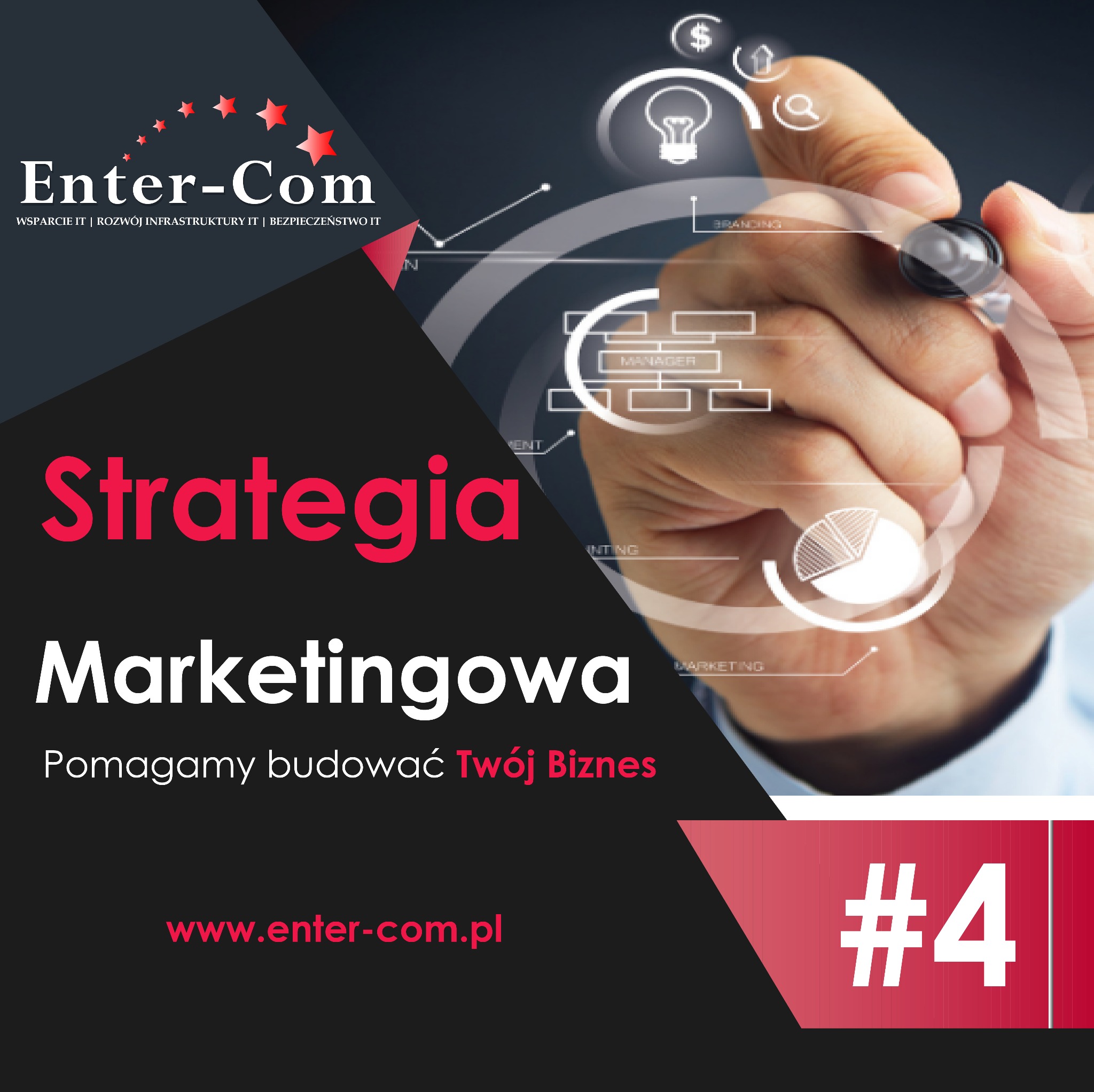 Grafika koncepcyjna prezentująca strategię marketingową z ręką rysującą diagramy i ikony symbolizujące branding, zarządzanie i analizę danych, na tle logo firmy Enter-Com.