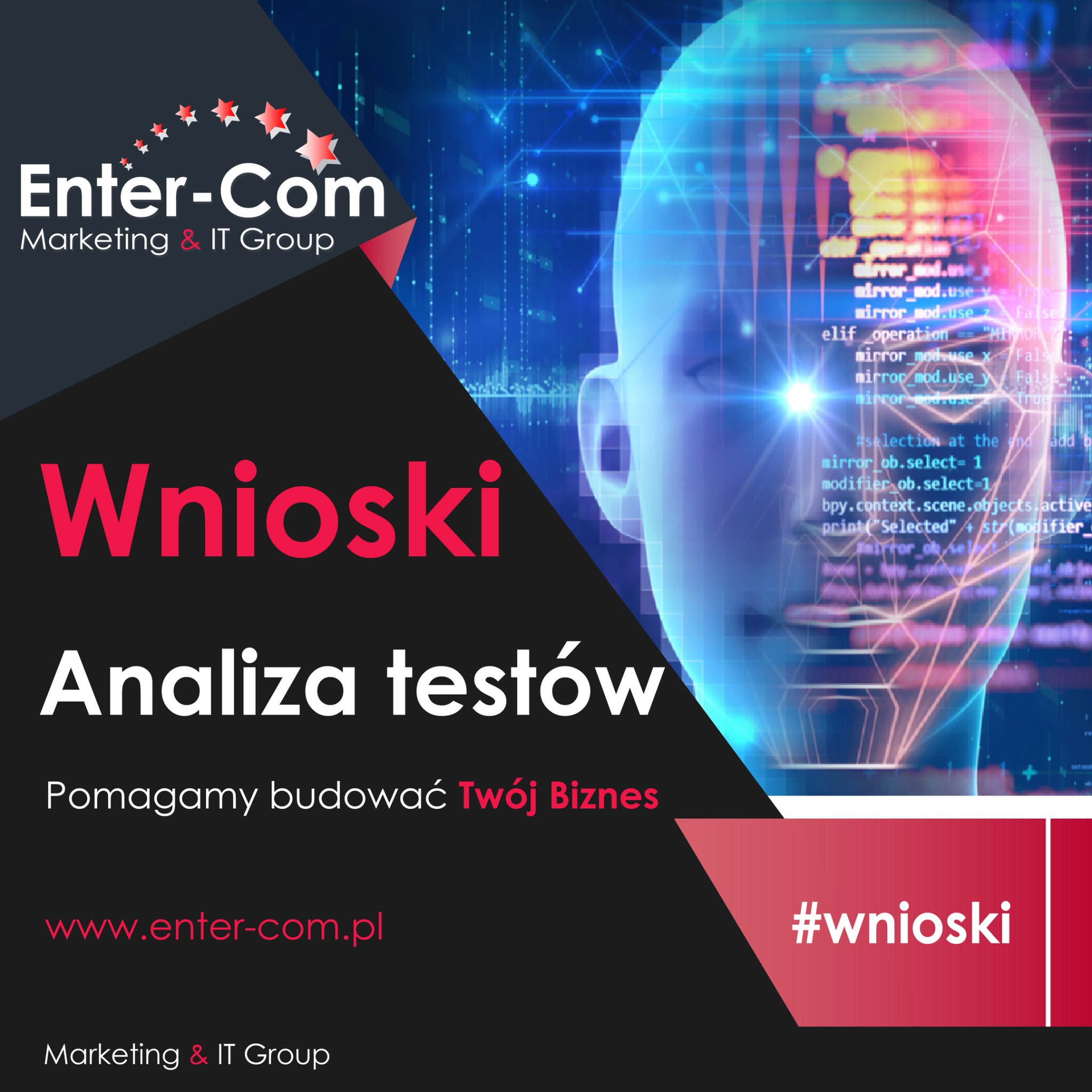 Grafika z logo firmy Enter-Com z Rawicza, prezentująca analizę testów i wnioski z wykorzystaniem wizualizacji kodu i modelu 3D głowy, promująca budowanie biznesu.