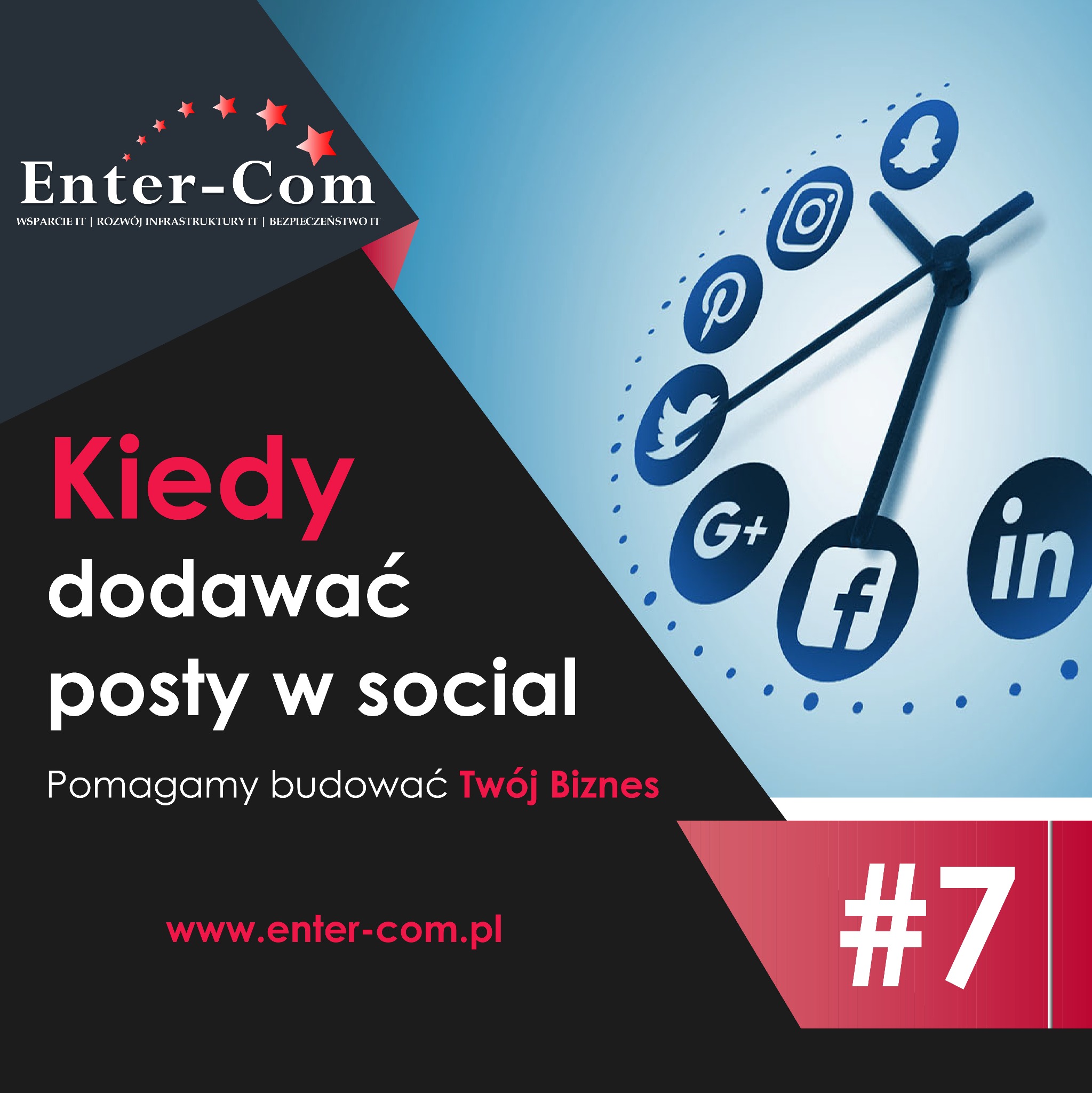 Grafika z zegarem, którego tarcza zamiast cyfr ma logotypy popularnych serwisów społecznościowych, z hasłem 'Kiedy dodawać posty w social' i logotypem firmy Enter-Com.