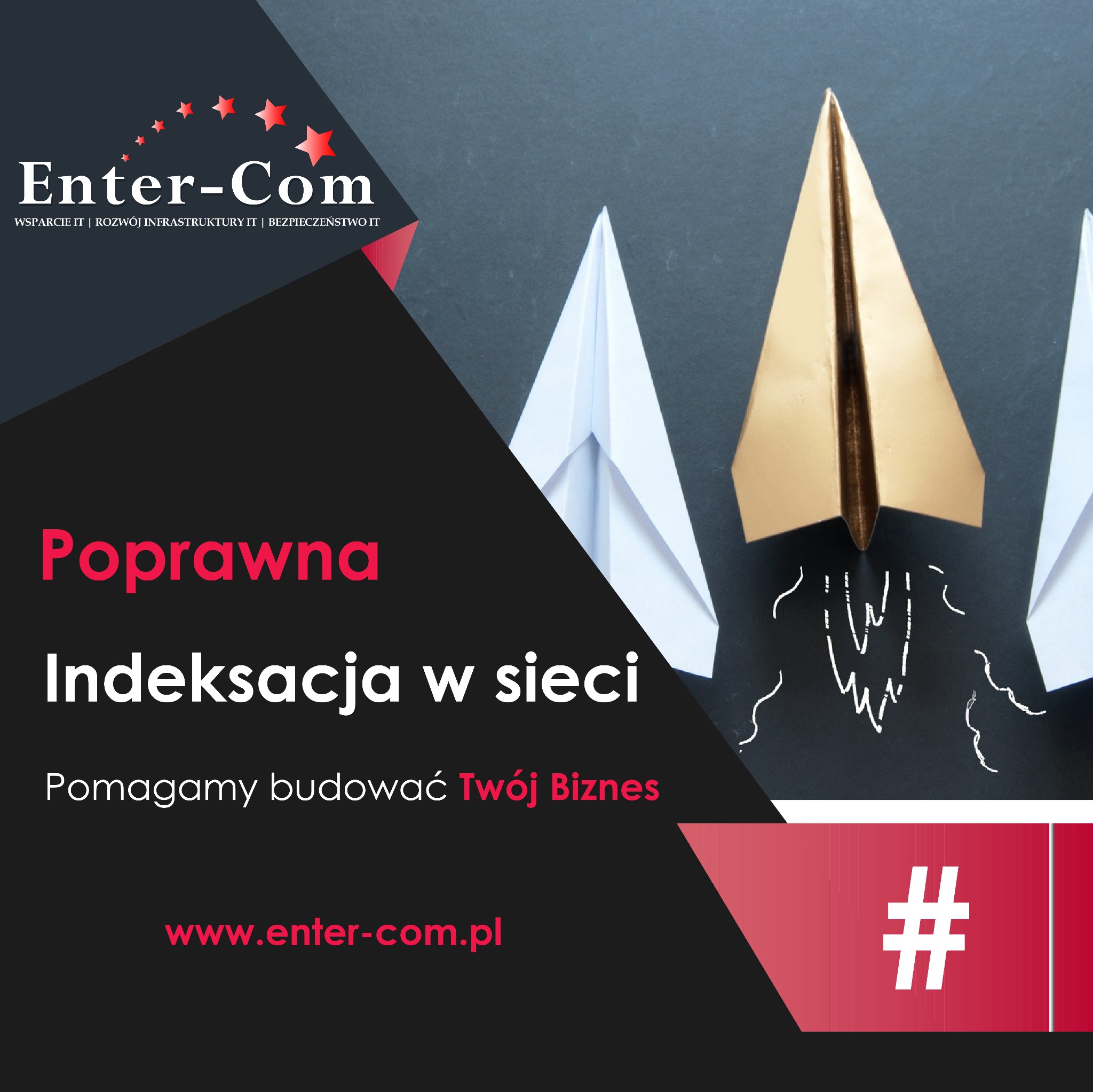 Grafika firmowa z trzema papierowymi samolotami, jeden złoty imitujący start rakiety z grafiką dymu, symbolizująca poprawną indeksację w sieci.