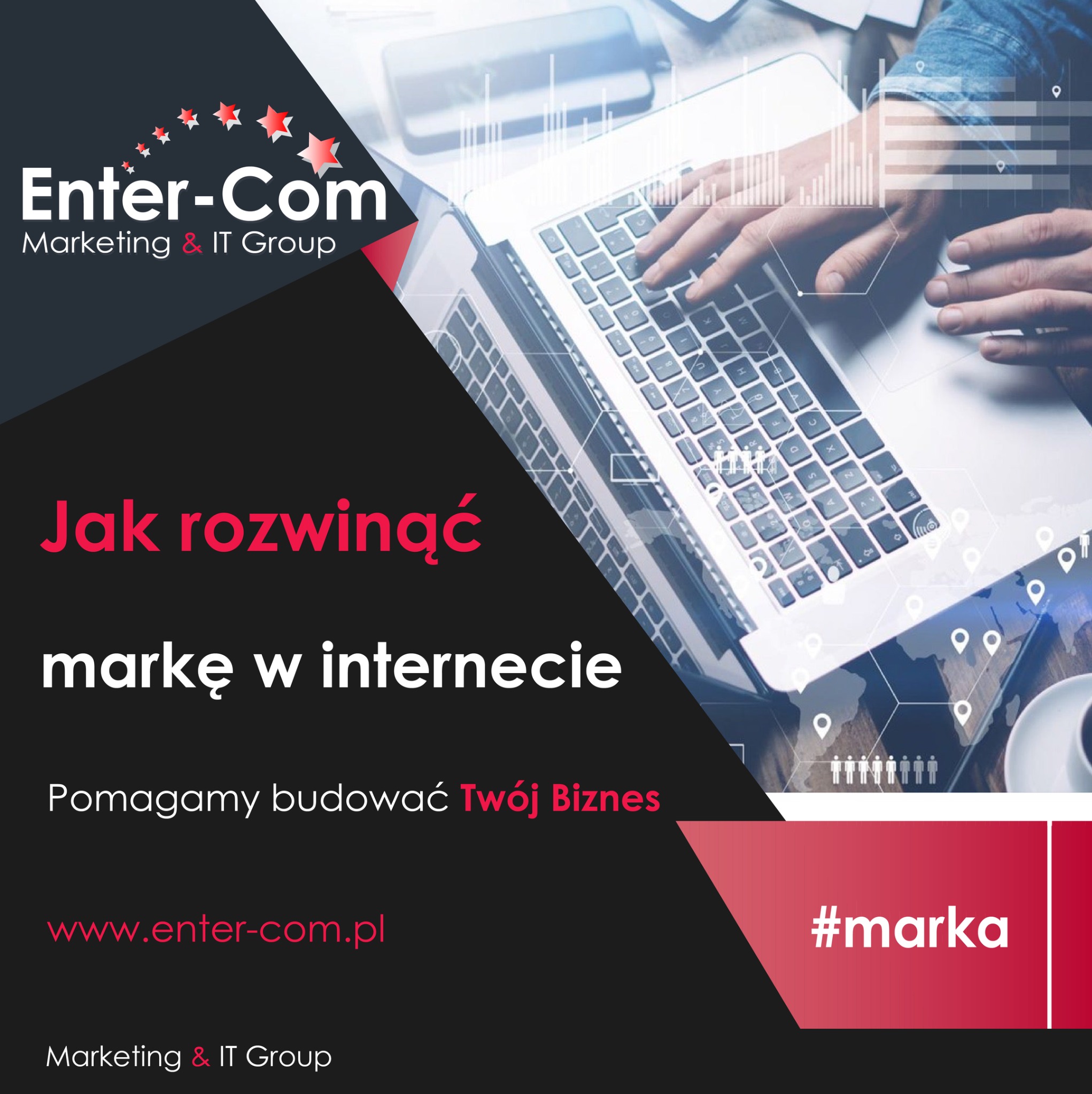 Osoba pisząca na laptopie z nałożonymi elementami graficznymi, takimi jak wykresy i ikony lokalizacji, w tle widoczny telefon i filiżanka kawy, całość w stonowanej kolorystyce.