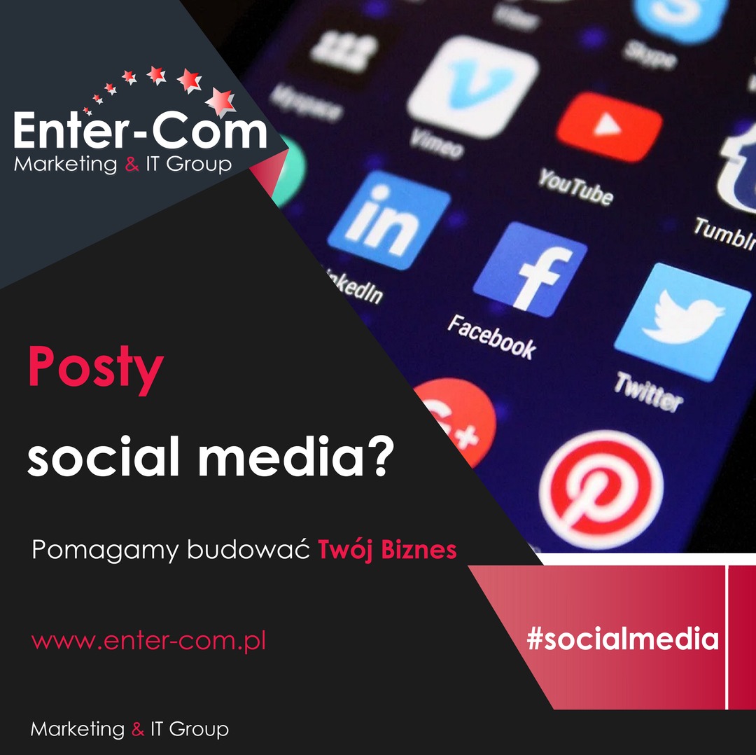 Ekran smartfona z wyświetlonymi ikonami popularnych serwisów społecznościowych, takich jak Facebook, Twitter, YouTube i LinkedIn, na tle logo firmy Enter-Com i tekstu 'Posty social media? Pomagamy...