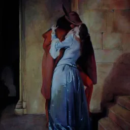 Obraz olejny przedstawiający namiętny pocałunek pary w kostiumach historycznych na tle kamiennej ściany i schodów.