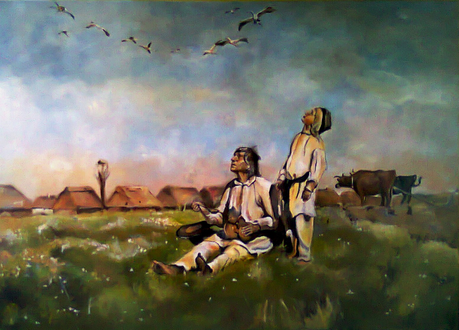 Obraz olejny przedstawiający mężczyznę grającego na instrumencie siedzącego na łące, obok stoi dziecko patrzące w niebo, w tle widać wiejskie chaty i stado ptaków