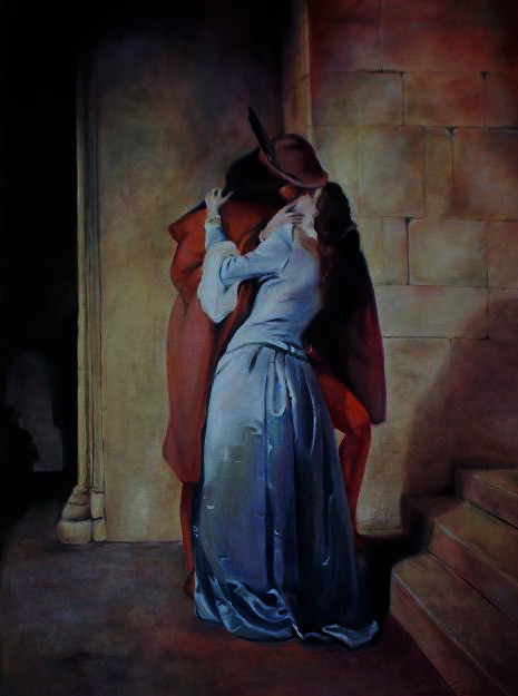 Obraz olejny przedstawiający namiętny pocałunek pary w kostiumach historycznych na tle kamiennej ściany i schodów.