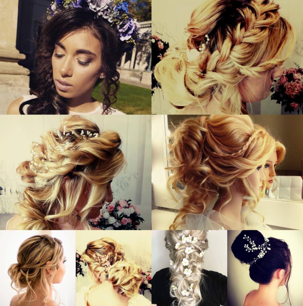 Kolaż prezentujący różnorodne, upięte fryzury ślubne: warkocze z wpiętymi kwiatami, upięcia z ozdobami z pereł i kryształków, oraz wianki z kwiatów w odcieniach fioletu i bieli.