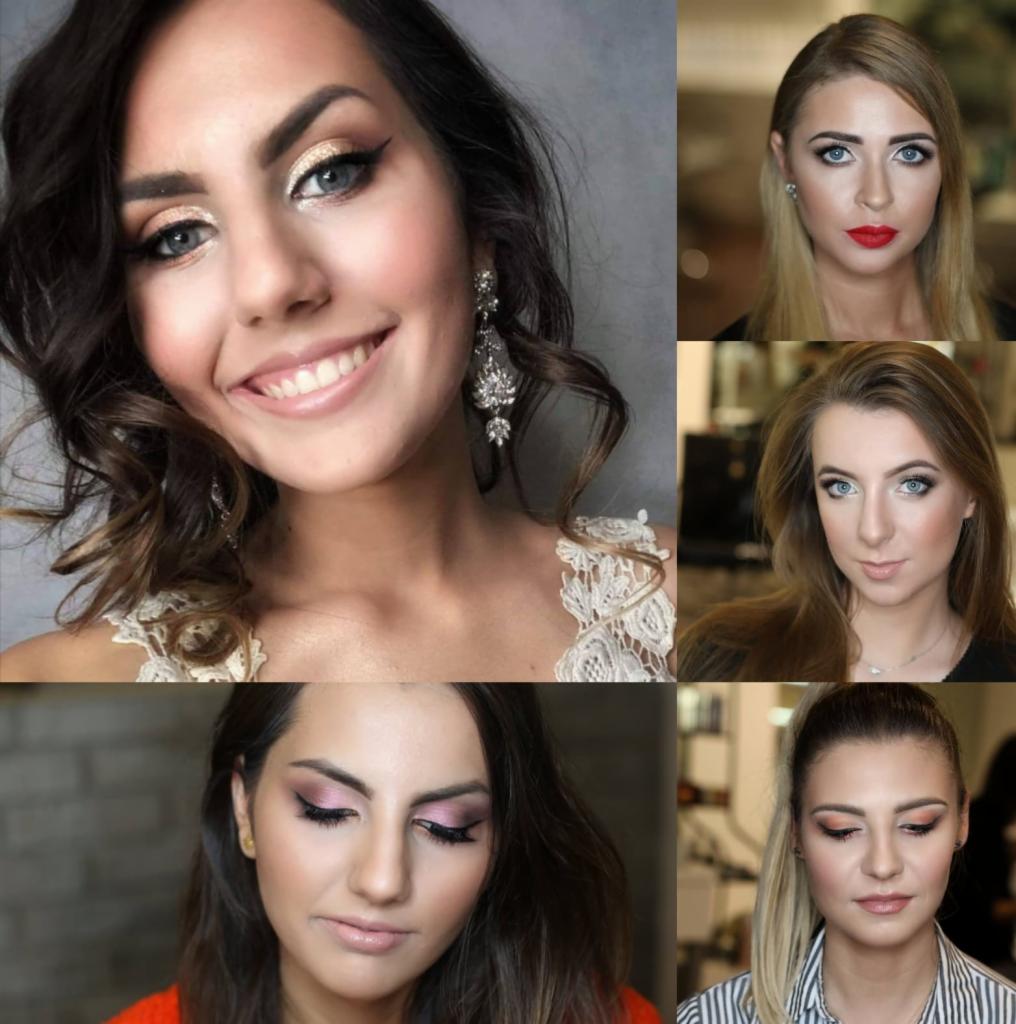 Kolaż portretów kobiet z różnym makijażem okolicznościowym, obejmującym złote cienie, wyraziste kreski, czerwone usta i delikatne różowe akcenty.