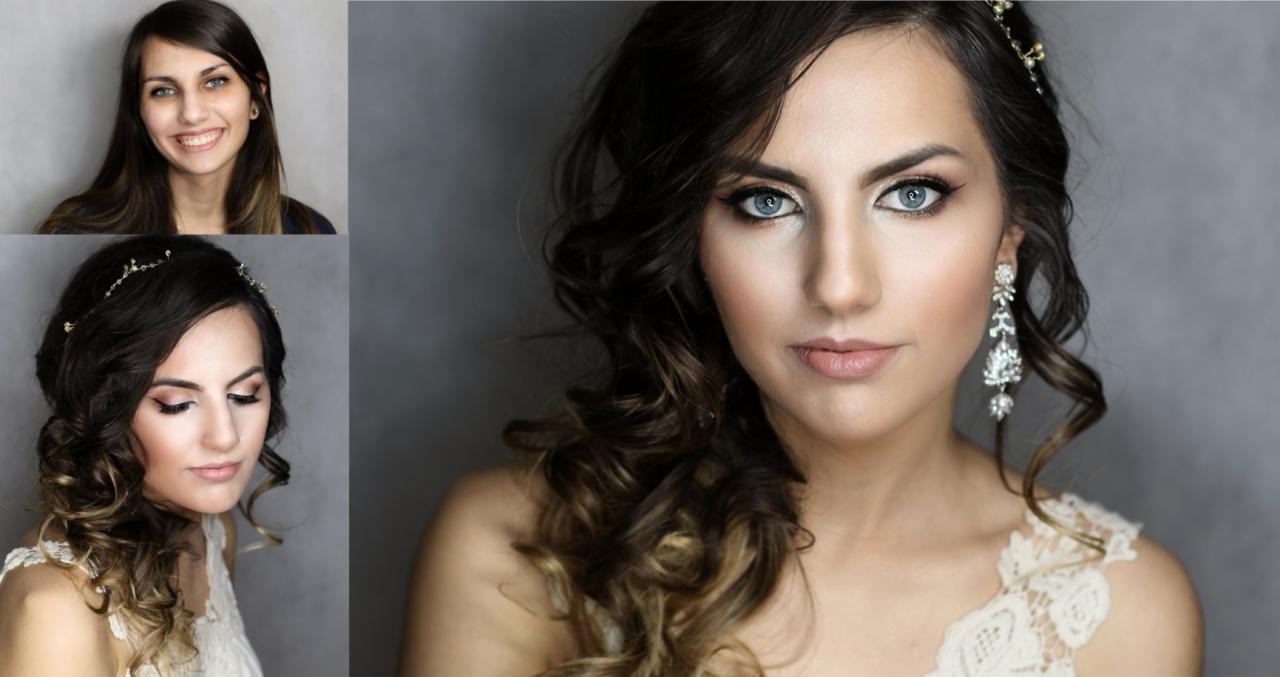 Portret kobiety z profesjonalnym makijażem ślubnym i upiętymi ciemnymi włosami z ozdobną spinką, prezentujący transformację przed i po stylizacji.