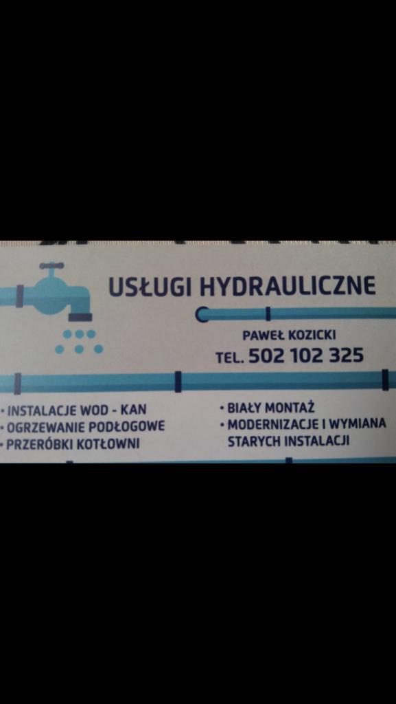 Wizytówka firmy hydraulicznej Pawła Kozickiego z niebieskim logo kranu, oferującej instalacje wod-kan, ogrzewanie podłogowe, przeróbki kotłowni, biały montaż oraz modernizacje i wymianę starych...