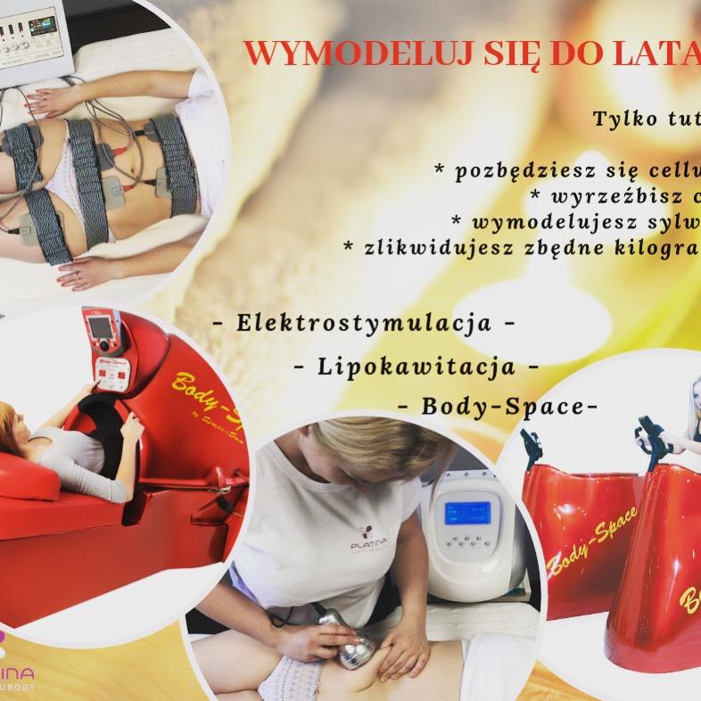 Kompozycja zdjęć prezentująca zabiegi modelujące sylwetkę: elektrostymulacja z elektrodami na ciele, lipokawitacja wykonywana przez kosmetologa, oraz urządzenie Body-Space w czerwonej kapsule.