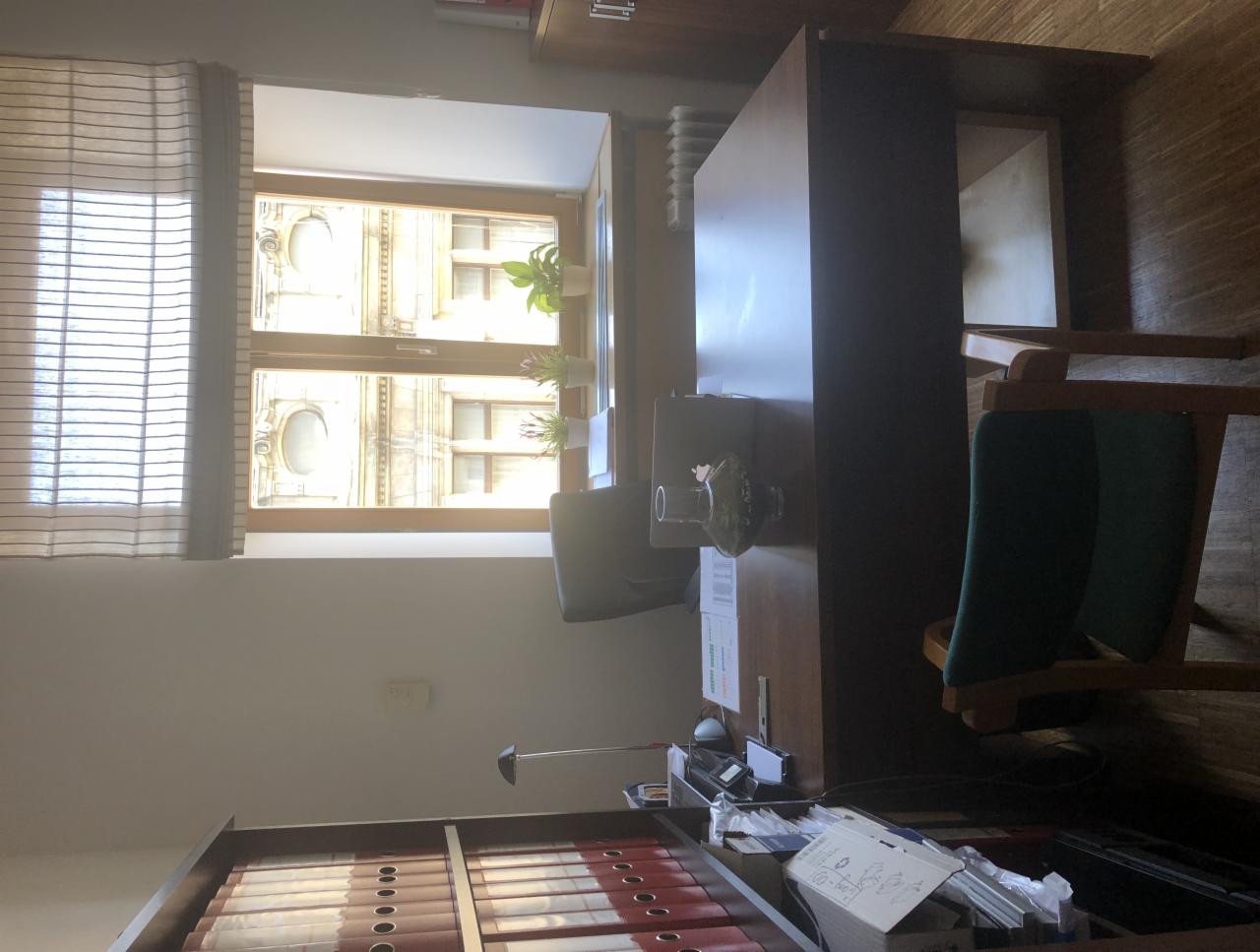 Gabinet z biurkiem, krzesłami i widokiem na budynek z dekoracyjną fasadą za oknem z żaluzjami.