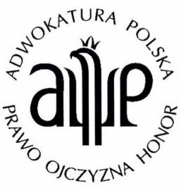 Czarno-białe logo Adwokatury Polskiej z orłem w koronie, otoczone napisem 'ADWOKATURA POLSKA PRAWO OJCZYZNA HONOR' w okręgu.