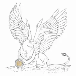 Szkic gryfa trzymającego monetę, z rozpostartymi skrzydłami, na białym tle.