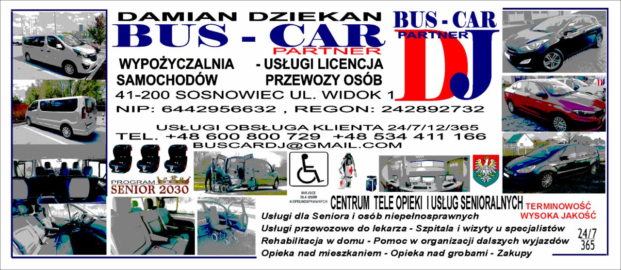Ulotka reklamowa firmy przewozowej Damian Dziekan Bus-Car, oferującej wynajem samochodów i usługi przewozowe, w tym dla seniorów i osób niepełnosprawnych, z podanym adresem, numerami telefonów...