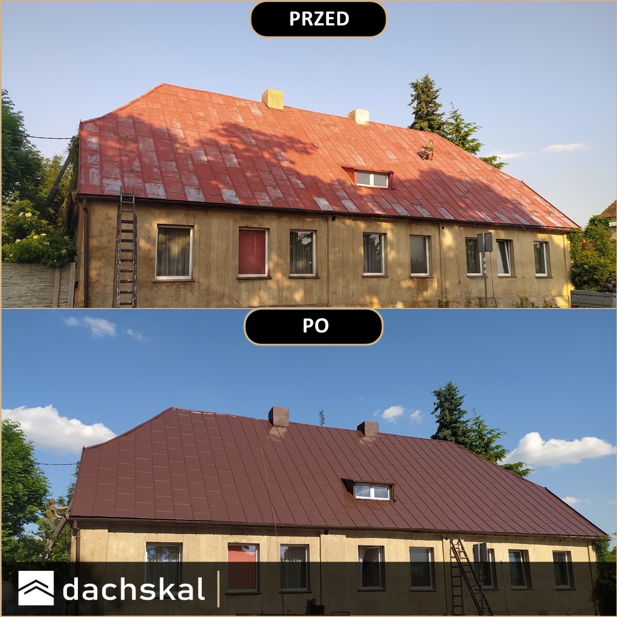 Porównanie dachu budynku przed i po renowacji: blacha płaska pomalowana na brąz czekoladowy (RAL 8017), widoczna drabina oparta o ścianę.