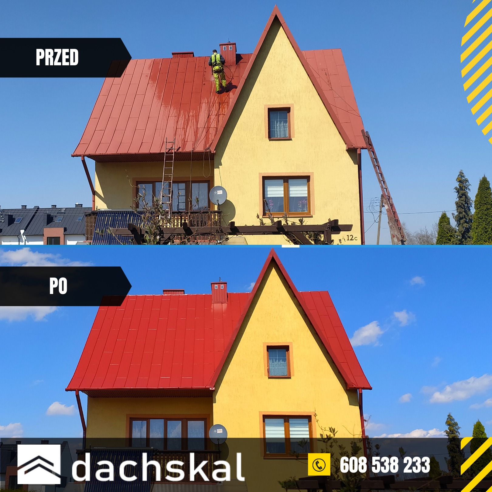 Dwuczęściowe ujęcie domu z czerwonym dachem przed i po czyszczeniu; na górnym zdjęciu pracownik w kombinezonie spryskuje dach wodą pod ciśnieniem, na dolnym dachu widoczny efekt końcowy.