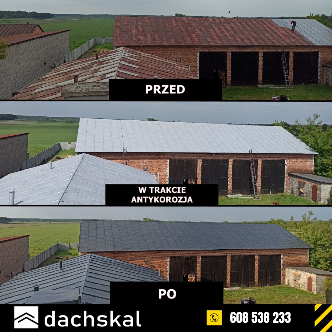 Zdjęcie typu 'przed, w trakcie, po' przedstawiające renowację dachu z blachy płaskiej na budynku gospodarczym, gdzie 'przed' ukazuje rdzawy dach, 'w trakcie' - dach pokryty srebrną powłoką...