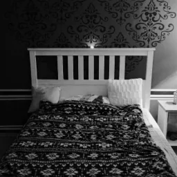 Czarno-białe zdjęcie sypialni z wzorzystą ścianą za białym łóżkiem i kołdrą w etniczne wzory. Ściana ozdobiona dużym, ciemnym ornamentem roślinnym, z górną i dolną krawędzią podkreśloną poziomymi...