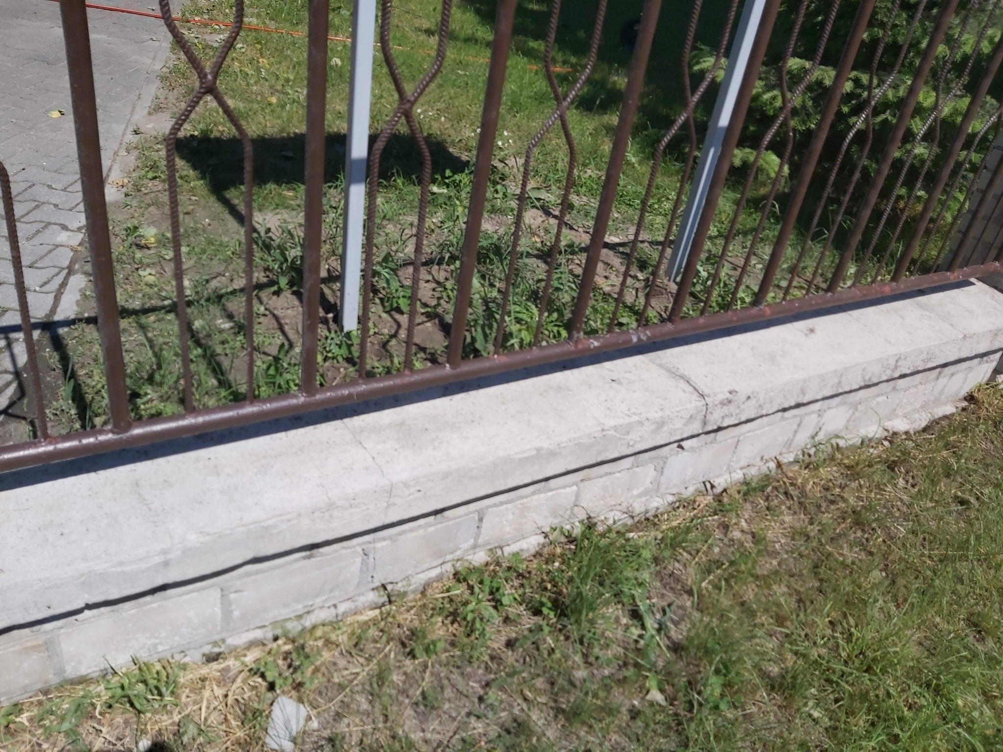 Metalowe ogrodzenie z dekoracyjnymi elementami, osadzone na betonowym murku, przylegające do trawnika.