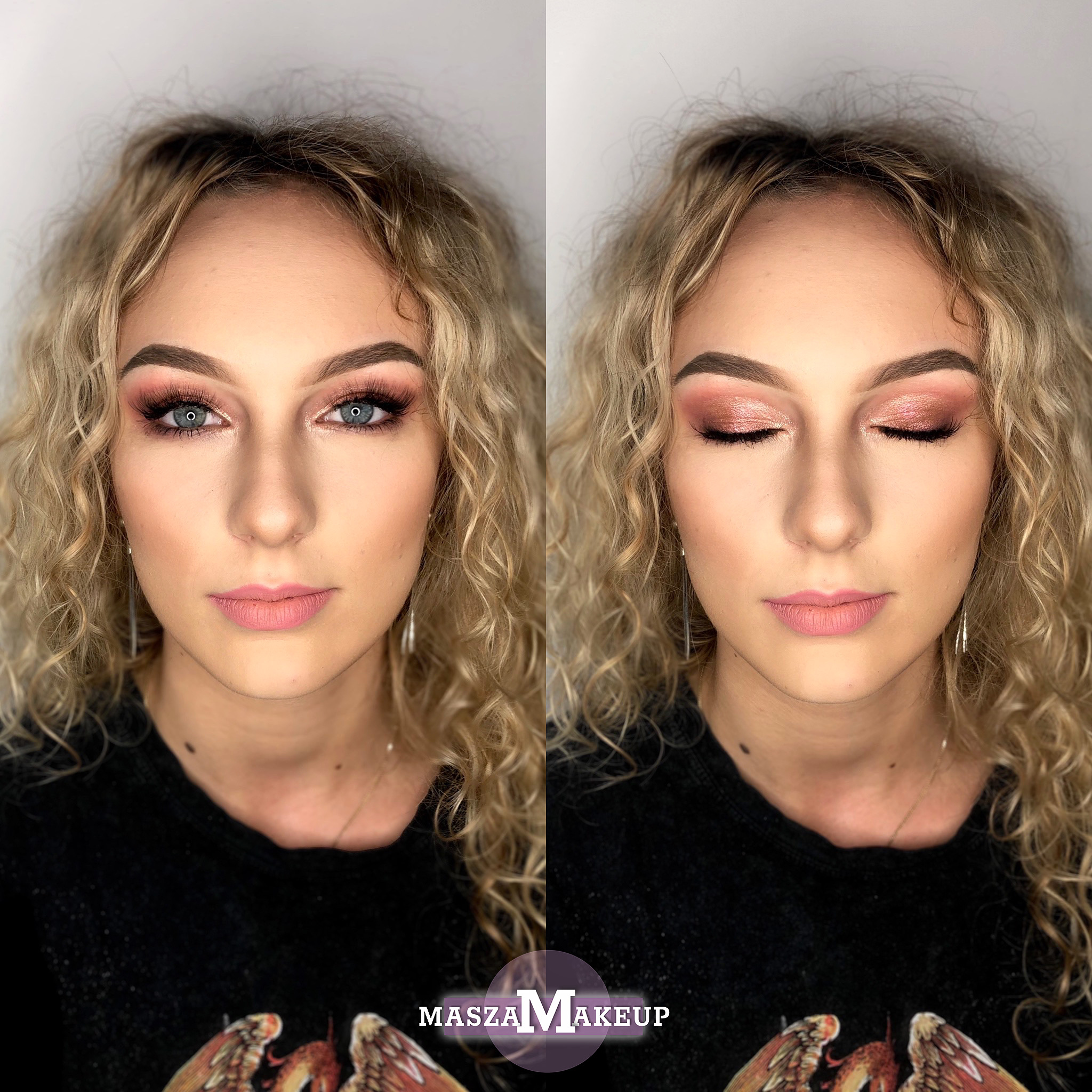 Portret kobiety z profesjonalnym makijażem oczu w odcieniach różu i brązu, widok z otwartymi i zamkniętymi oczami, podkreślone rzęsy i brwi, blond kręcone włosy, delikatny makijaż ust.