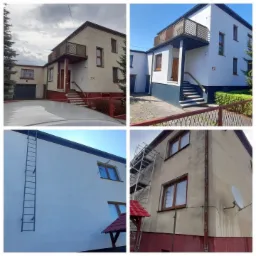 Kolaż przedstawiający dom przed i po odświeżeniu elewacji, widoczne różnice w kolorystyce i czystości ścian oraz detale takie jak schody, okna i balkon.