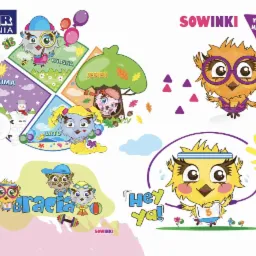 Ilustracja przedstawiająca serię kolorowych, kreskówkowych sów, każda związana z inną porą roku i aktywnością, z logotypami 'Sonar Drukarnia' i 'Sowinki'.