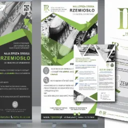 Zestaw roll-upów i ulotek reklamowych Izby Rzemiosła, promujących szkolenia zawodowe i uzyskanie tytułu mistrza, utrzymanych w zielono-szarej kolorystyce.