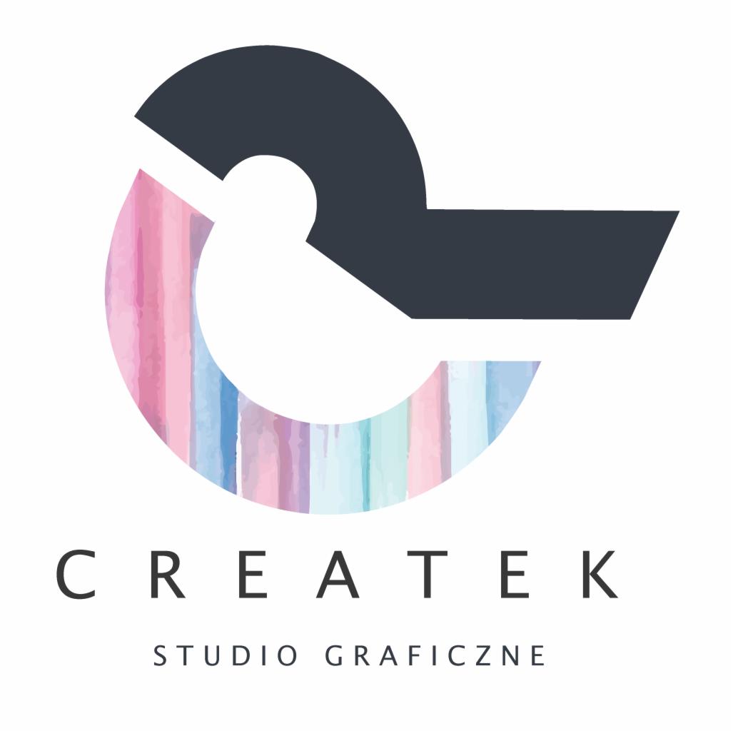 Logo firmy Createk Studio Graficzne z abstrakcyjnym znakiem graficznym w kolorach pastelowych i ciemnoszarym.