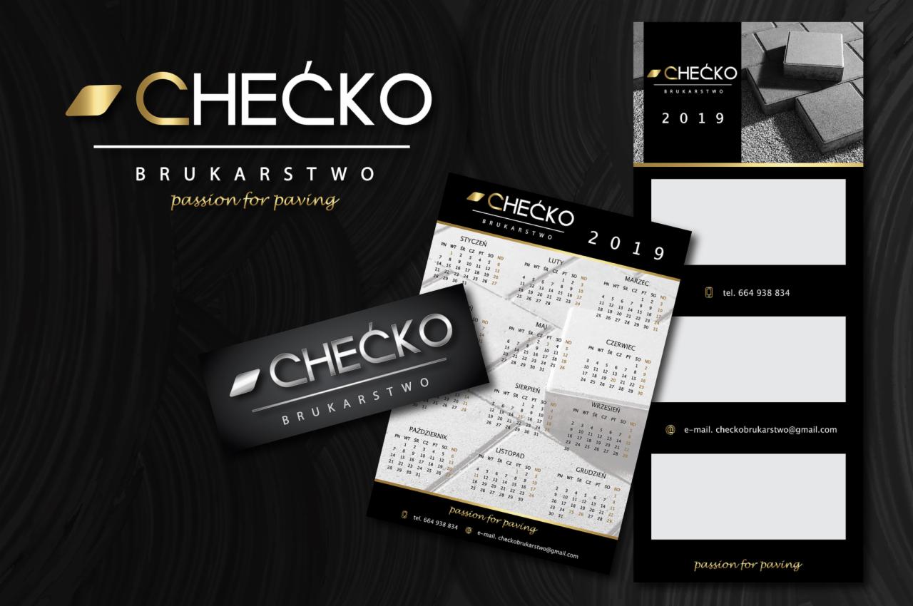 Wizualizacja identyfikacji marki brukarskiej: logo, wizytówka i kalendarz firmowy 2019, utrzymane w czarno-złotej kolorystyce.