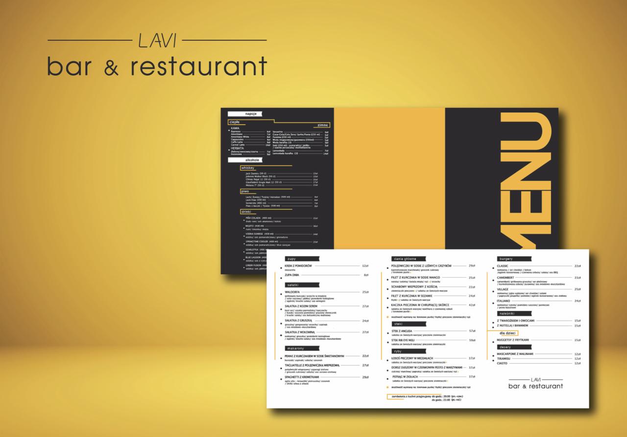 Menu restauracji LAVI, z listą napojów, dań głównych, burgerów i deserów, utrzymane w kolorystyce czarno-złotej.
