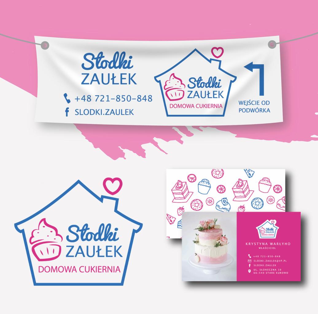 Wizytówka, baner i logo domowej cukierni 'Słodki Zaułek' z numerem telefonu, adresem e-mail i adresem strony na Facebooku, prezentujące tort weselny.