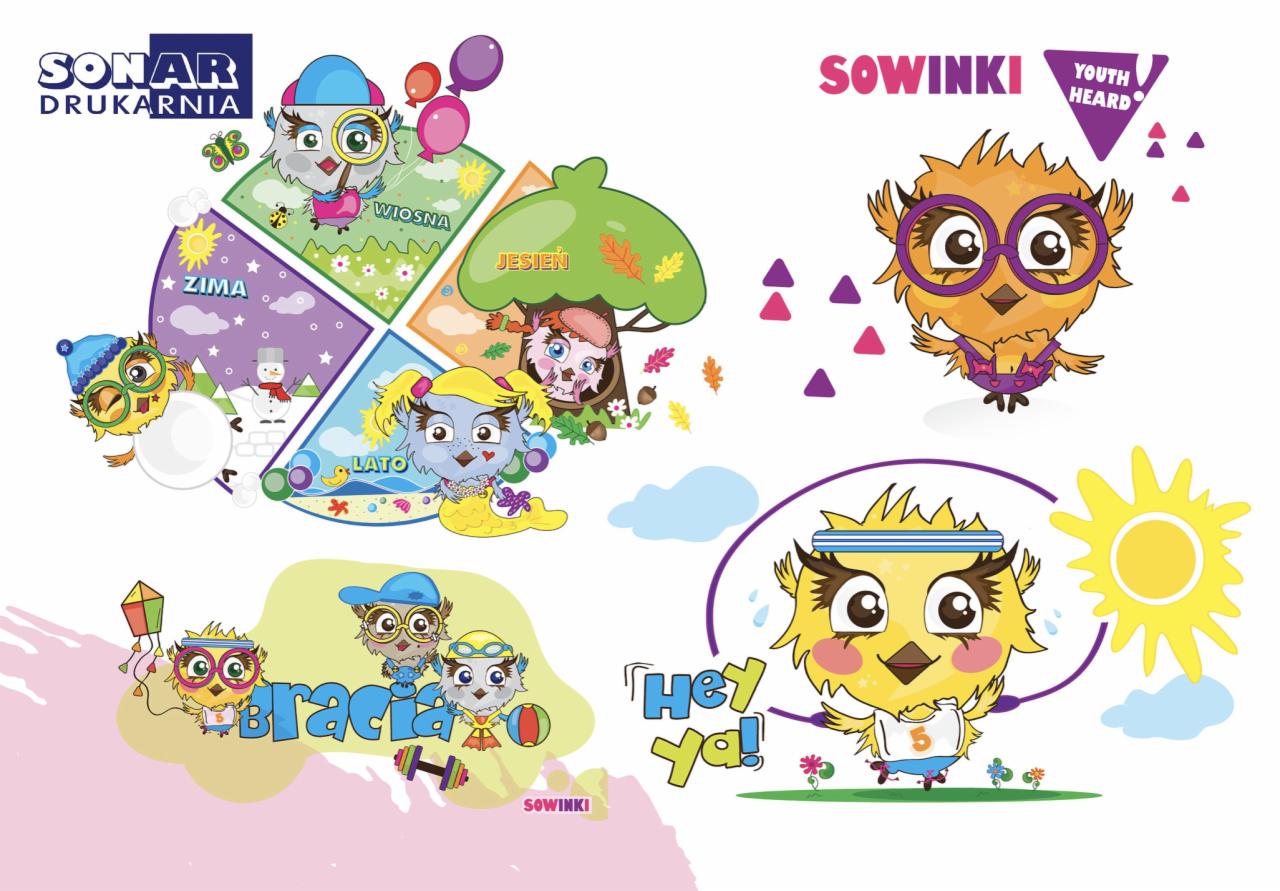 Ilustracja przedstawiająca serię kolorowych, kreskówkowych sów, każda związana z inną porą roku i aktywnością, z logotypami 'Sonar Drukarnia' i 'Sowinki'.