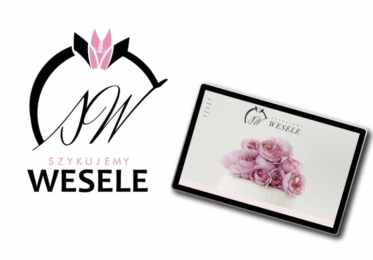 Projekt logo i strona internetowa na tablecie dla firmy zajmującej się organizacją wesel, motyw kwiatowy w pastelowych różach.