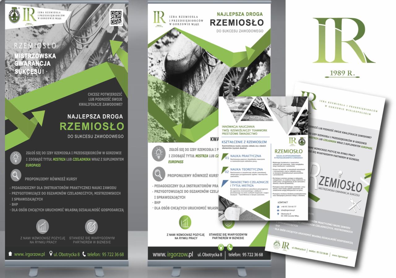 Zestaw roll-upów i ulotek reklamowych Izby Rzemiosła, promujących szkolenia zawodowe i uzyskanie tytułu mistrza, utrzymanych w zielono-szarej kolorystyce.
