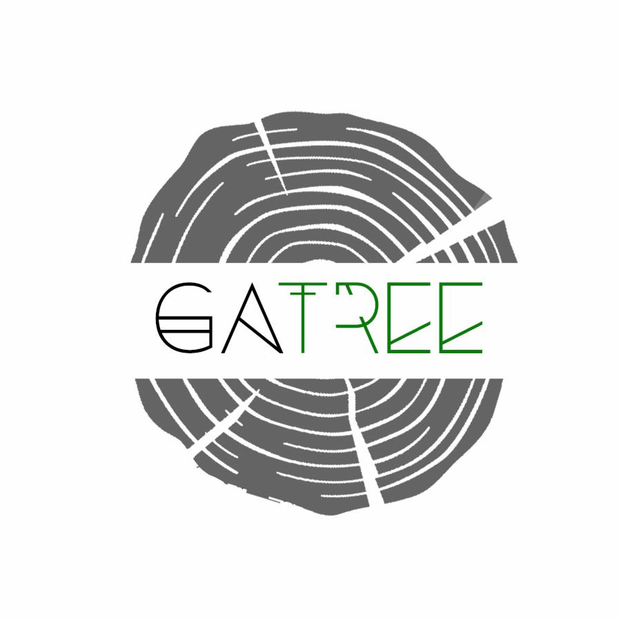 Logo firmy z nazwą 'GATREE' wpisaną w poprzek szarego przekroju pnia drzewa z widocznymi słojami.
