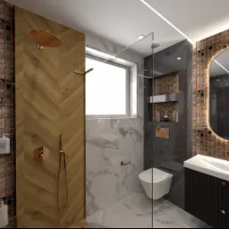 Wizualizacja nowoczesnej łazienki z drewnianą ścianą prysznicową ułożoną w jodełkę, miedzianą armaturą, marmurowymi płytkami i podświetlanym lustrem na mozaikowej ścianie.