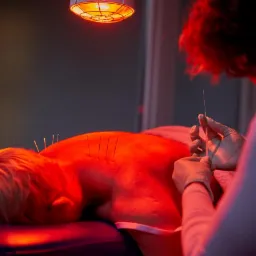 Pacjentka leżąca na brzuchu pod czerwoną lampą, z igłami do akupunktury wbitymi w plecy; terapeuta w rękawiczkach trzyma kolejną igłę.