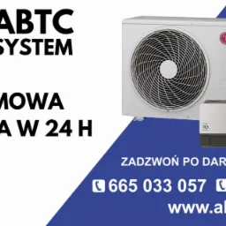 Reklama firmy ABTC System oferującej klimatyzatory LG z darmową wyceną w 24h i sprzedażą na raty. Na pierwszym planie jednostka zewnętrzna i wewnętrzna klimatyzatora.