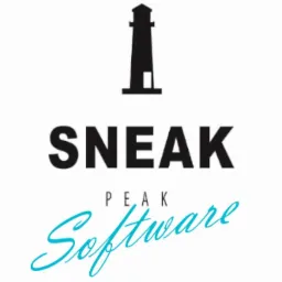 Logo firmy Sneak Peak Software z symbolem latarni morskiej nad nazwą, nazwa firmy zapisana w dwóch wierszach, 'Sneak Peak' czarne, 'Software' turkusowe, czcionka bezszeryfowa.