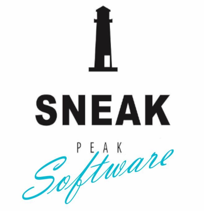Logo firmy Sneak Peak Software z symbolem latarni morskiej nad nazwą, nazwa firmy zapisana w dwóch wierszach, 'Sneak Peak' czarne, 'Software' turkusowe, czcionka bezszeryfowa.