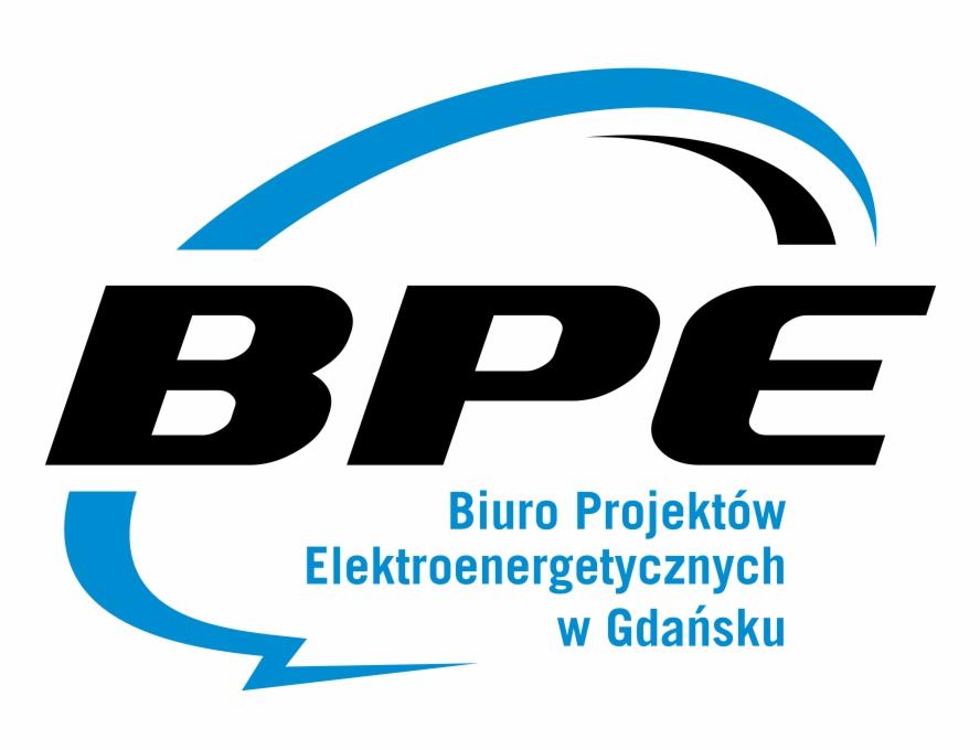 Logo firmy BPE Biuro Projektów Elektroenergetycznych w Gdańsku z stylizowanym symbolem energii.